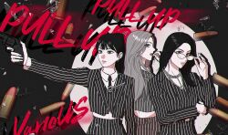 3girls album_name blunt_bangs bullet collared_shirt eunha_(gfriend) formal_clothes gfriend glasses gun hashtag-only_commentary holding holding_gun holding_weapon k-pop long_hair looking_back multiple_girls pink_lips ponytail real_life shirt sinb_(gfriend) song_name spotlight suit umji_(gfriend) upper_body vertical-striped_suit viviz weapon yuringi