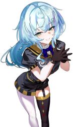 Rule 34 | 1girl, absurdres, alternate costume, asymmetrical legwear, belt, black belt, black gloves, black romper, black thighhighs, blue bow, blue bowtie, blue hair, blush, bow, bowtie, feet out of frame, gloves, green eyes, grin, haikeiyu, hair intakes, highres, kasukane shino, leaning forward, long hair, looking at viewer, mismatched legwear, nanashi inc., pantyhose, romper, simple background, single leg pantyhose, single thighhigh, smile, solo, standing, thighhighs, virtual youtuber, white background, white pantyhose
