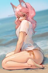 1girl absurdres animal_ear_fluff animal_ears beach bikini breasts fate/extra fate/grand_order fate_(series) fox_ears fox_girl fox_tail from_side highres idamaria large_breasts long_hair looking_at_viewer pink_hair sitting solo split_ponytail swimsuit tail tamamo_(fate) tamamo_no_mae_(fate/extra) wariza yellow_bikini yellow_eyes
