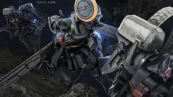 absurdres army asteroid beam_cannon cable company_name copyright_notice debris gundam gundam_battle_operation_2 gundam_sentinel highres holding holding_weapon machinery mecha mecha_focus mobile_suit no_humans official_art one-eyed painting_(medium) purple_eyes radar_dish realistic robot scan science_fiction space sunrise_(company) tenjin_hidetaka thrusters titans_(gundam) traditional_media weapon xeku_eins zero_gravity