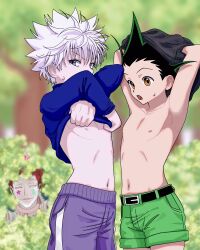 3boys age_difference armpits arms_up artist_request belt blue_eyes brown_eyes clothes_lift elementary_school_age face_paint gon_freecss green_hair highres hisoka_morow hunter_x_hunter killua_zoldyck long_sleeves male_focus multiple_boys navel nipples open_mouth orange_hair partially_undressed peeking purple_eyes red_hair shirt shirt_lift short_shorts shorts stomach sweat topless_male undressing white_hair yellow_eyes
