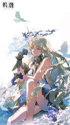 1girl absurdres bare_legs bare_shoulders bird bird_on_hand black_collar black_dress blonde_hair blue_eyes blue_hair chinese_commentary closed_mouth collar colored_inner_hair commentary_request copyright_notice crown_of_thorns dress feet_out_of_frame fleurdelys_(wuthering_waves) hand_up highres horns jewelry knee_up legs logo long_hair long_horns multicolored_hair necklace official_art pointy_ears single_horn sitting solo tabard tacet_mark_(wuthering_waves) thighs very_long_hair white_bird white_tabard wuthering_waves yellow_horns