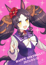 +_+ 1girl animal_ears blush bow bowtie breasts clothing_cutout dated fang hair_ornament hand_up happy_birthday hi_(ibisf5umauma) highres horse_ears horse_girl horse_tail index_finger_raised long_hair long_sleeves looking_at_viewer marvelous_sunday_(umamusume) medium_breasts open_mouth pink_background purple_shirt purple_skirt sailor_collar shirt skirt smile solo sparkle tail tail_through_clothes twitter_username umamusume upper_body watermark yellow_eyes