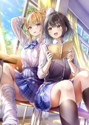 Rule 34 | 2girls, :d, black socks, black sweater vest, blonde hair, blue bow, blue bowtie, blue skirt, blush, book, bow, bowtie, brown hair, chair, classroom, collared shirt, commentary request, day, feet out of frame, highres, holding, holding book, indoors, kneehighs, long hair, loose socks, multiple girls, on chair, open book, open mouth, original, pink eyes, plaid clothes, plaid skirt, pleated skirt, school uniform, shirt, short hair, signature, sitting, skirt, smile, socks, sweater vest, tokeshi, tying hair, white shirt, white socks, wing collar, yellow eyes