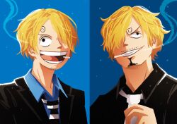 Rule 34 | 1boy, black jacket, blonde hair, blue background, blue shirt, cigarette, collared shirt, commentary request, curly eyebrows, doccoi, facial hair, goatee, hair over one eye, highres, jacket, male focus, mustache, necktie, one piece, open mouth, sanji (one piece), shirt, simple background, smoke, upper body, white necktie