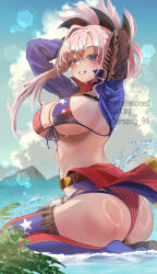 1girl american_flag american_flag_bikini american_flag_print ass asymmetrical_gloves belt bikini blue_eyes blue_shrug blue_sky blush breasts brown_gloves choker cleavage fate/grand_order fate_(series) fingerless_gloves flag_print flag_print_bikini gloves grin hair_ornament highres large_breasts long_hair long_sleeves looking_at_viewer miyamoto_musashi_(fate) miyamoto_musashi_(fate/grand_order) miyamoto_musashi_(swimsuit_berserker)_(fate) miyamoto_musashi_(swimsuit_berserker)_(second_ascension)_(fate) oursong_(kiam_pis) pink_hair ponytail print_bikini shrug_(clothing) sky smile solo swept_bangs swimsuit thighhighs thighs wet