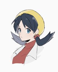 1girl blue_eyes collared_jacket commentary_request earrings eyelashes flipped_hair hat highres jacket jewelry kris_(pokemon) long_hair mocollie nintendo open_clothes open_jacket parted_lips pokemon pokemon_adventures portrait red_shirt shirt simple_background solo star_(symbol) star_earrings twintails white_background white_jacket yellow_hat