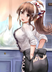 10s 1girl :d absurdres alternate_hairstyle apron ashigara_(kancolle) ashigara_kai_ni_(ichibankuji)_(kancolle) ashigara_kai_ni_(kancolle) black_skirt brown_eyes brown_hair fang female_focus frilled_apron frills hairband highres indoors kantai_collection long_hair long_sleeves okitsugu open_mouth ponytail shirt skirt smile solo white_hairband white_shirt