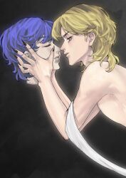 Rule 34 | 2boys, androgynous, black nails, blonde hair, blue hair, decapitation, dio brando, disembodied head, ear birthmark, fingernails, headless, highres, holding detached head, jojo no kimyou na bouken, jonathan joestar, kkakaka k, long fingernails, long hair, male focus, multiple boys, nail polish, necrophilia, phantom blood, red eyes, severed head, vampire, yaoi