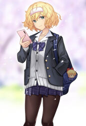1girl alice_margatroid bag bag_charm black_jacket black_pantyhose blazer blonde_hair blue_bow bow cellphone character_doll charm_(object) day doll gyaru hand_in_pocket hataraki_kuma highres jacket jewelry necklace open_clothes open_jacket outdoors pantyhose petals phone pink_nails plaid_clothes plaid_skirt pleated_skirt school_bag school_uniform short_hair skirt smile standing striped_bow sweater touhou