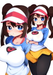 Rule 34 | 1girl, absurdres, arms behind back, arms under breasts, black pantyhose, blue eyes, blue sleeves, blush, bow, breasts, bright pupils, brown hair, closed mouth, commentary, cowboy shot, crossed arms, donut hair bun, double bun, ghelber0, hair bun, highres, large breasts, long hair, multiple views, nintendo, pantyhose, pantyhose under shorts, pink bow, pokemon, pokemon bw2, print shirt, raglan sleeves, rosa (pokemon), shirt, short shorts, shorts, simple background, smile, symbol-only commentary, twintails, upper body, visor cap, white background, white pupils, white shirt, yellow shorts
