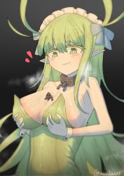 1boy 1girl :3 armor black_souls blush bow breasts bright_pupils cleavage closed_mouth collar collarbone commentary_request full_armor grabbing_own_breast green_eyes green_hair green_leotard grimm_(black_souls) hair_bow heart highres large_breasts leaf_(black_souls) leotard long_hair maid_headdress metal_collar mini_person miniboy pointy_ears steam strapless strapless_leotard twitter_username upper_body very_long_hair white_pupils wrist_cuffs xun_lin_(pixiv_93392103)