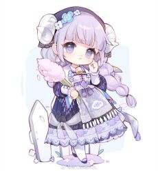 1girl apron bell belt black_headscarf black_jacket black_shoes black_skirt blue_background blue_flower blunt_bangs bouquet braid chibi chinese_commentary closed_mouth collared_shirt commentary_request country_lolita cross-laced_clothes cross-laced_sleeves cross-laced_top curled_horns eyelashes fence floating_clothes floating_hair floral_print flower frilled_footwear frilled_shirt frilled_skirt frilled_sleeves frills fringe_trim hair_flower hair_ornament hand_on_own_cheek hand_on_own_face headscarf high_belt holding holding_bouquet horns horns_through_headwear infinity_nikki jacket lavender_(flower) light_blush light_frown light_particles lips lolita_fashion long_hair long_skirt long_sleeves loose_hair_strand low_twin_braids neck_bell nikki_(series) nuli_de_chengzhi_er on_grass open_clothes open_jacket pantyhose pastoral_dance_(infinity_nikki) petals pink_lips pleated_skirt puffy_long_sleeves puffy_sleeves purple_apron purple_belt purple_eyes purple_flower purple_hair purple_shirt rose_print shawl sheep_horns shirt shoes skirt solo sparkle standing tareme translucent_horns twin_braids two-tone_background very_long_hair waist_apron watermark weibo_watermark white_background white_horns white_pantyhose white_shawl wind