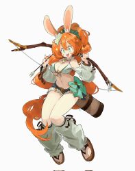 1girl :d andrewcockroach arrow_(projectile) blush_stickers bow bow_(weapon) breasts cleavage commentary commission crop_top detached_sleeves english_commentary feet flip-flops flower full_body green_eyes hair_flower hair_ornament highres holding holding_arrow holding_bow_(weapon) holding_weapon leg_warmers long_hair medium_breasts navel open_mouth orange_hair original ponytail quiver sandals short_shorts shorts signature smile sparkle teeth tongue upper_teeth_only very_long_hair weapon white_flower
