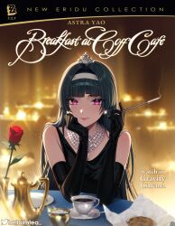 1girl alternate_costume astra_yao bare_shoulders black_dress black_gloves black_hair blurry blurry_background breakfast_at_tiffany&#039;s character_name chocolate_chip_cookie cigarette cigarette_holder closed_mouth commentary cookie cosplay cup dress earrings elbow_gloves elbow_rest english_commentary english_text flower food gloves hairband helloimtea highres holding holding_cigarette holly_golightly holly_golightly_(cosplay) indoors jewelry logo long_hair looking_at_viewer movie_poster necklace parody pearl_necklace pink_eyes red_flower red_rose rose sitting sleeveless sleeveless_dress smile smoke solo straight-on sugar_bowl sugar_cube teacup teapot tiara twitter_username upper_body white_hairband zenless_zone_zero