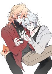 Rule 34 | 2boys, absurdres, antenna hair, black choker, black pants, black shirt, black sweater, blonde hair, braid, brown pants, chimera (honkai: star rail), choker, closed eyes, commentary, facial tattoo, fig stew (honkai: star rail), gradient hair, hair between eyes, highres, holding hands, honkai: star rail, honkai (series), interlocked fingers, jacket, male focus, medium hair, multicolored hair, multiple boys, mydei (honkai: star rail), neck tattoo, open clothes, open jacket, pants, parted bangs, phainon (honkai: star rail), red hair, red jacket, red tattoo, shirt, short hair, side braid, simple background, sun symbol, sun tattoo, sweater, symbol-only commentary, tan, tattoo, turtleneck, turtleneck sweater, white background, white hair, white jacket, yaoi, yellow eyes, zixu252370