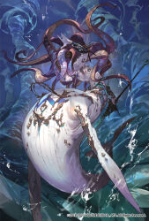1boy blue_background cetacean_tail copyright_notice fins fish_tail full_body highres holding holding_weapon male_focus merman monster_boy official_art parted_lips pectorals romancing_saga_2 saga so-taro solo subier tail tentacle_hair weapon