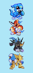 armor claws digimon digimon_(creature) digimon_adventure_02 evolutionary_line fladramon highres horns lighdramon magnamon simple_background tail v-mon