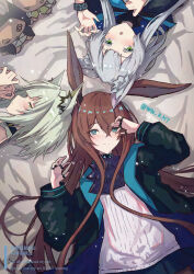 Rule 34 | 3girls, amiya (arknights), animal ear fluff, animal ears, arknights, ascot, black jacket, blue ascot, blue eyes, brown hair, cat ears, cat girl, closed mouth, green eyes, green hair, grey hair, highres, infection monitor (arknights), jacket, jewelry, kal&#039;tsit (arknights), long hair, long sleeves, lying, multiple girls, open mouth, puffy long sleeves, puffy sleeves, rabbit ears, rabbit girl, ribbed shirt, ring, rosmontis (arknights), shirt, short hair, sidelocks, white shirt, wn (wani-noko)