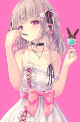 1girl animal black_bow black_collar black_ribbon blonde_hair blush bow chocolate collar collarbone dress eating food hair_ornament hairclip hands_up heart heart_necklace highres ice_cream ice_cream_cup jewelry looking_at_viewer missile228 nail_polish necklace original pink_background pink_bow pink_eyes pink_heart pink_nails rabbit ribbon ribbon-trimmed_dress ribbon_trim simple_background solo spoon twintails utensil_in_mouth