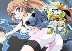 Rule 34 | 10s, 1girl, aiai (jsm), ass, beam rifle, bike shorts, blue eyes, brown hair, energy gun, female focus, gundam, gundam build fighters, gundam build fighters try, gunpla, highres, hoshino fumina, model kit, ponytail, scrunchie, shield, smile, solo, sports bra, weapon, winning gundam