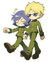 &gt;:( 2boys :d blonde_hair brown_shoes char_aznable closed_eyes closed_mouth deformed frown full_body garma_zabi green_jacket green_pants gundam high_collar jacket kamonekm loafers long_sleeves looking_ahead male_focus mobile_suit_gundam_the_origin multiple_boys musical_note open_mouth pants purple_hair serious shoes short_hair simple_background sleeve_cuffs smile sunglasses u_u v-shaped_eyebrows walking white_background