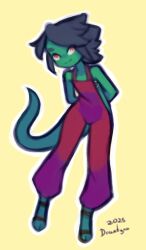 1girl animal arms_behind_back black_hair brown_sandals collarbone colored_skin drantyno furry green_skin lizard lizard_tail looking_at_viewer original overalls pun_(drantyno) red_overalls reptile_girl sandals short_hair smile standing tail yellow_background yellow_eyes