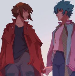 Rule 34 | 2boys, blue hair, blush, brown hair, grabbing another&#039;s sleeve, implied yaoi, jacket, johan andersen, karina farek, male focus, multiple boys, pants, red jacket, shirt, short hair, simple background, white background, yu-gi-oh!, yu-gi-oh! gx, yuki judai