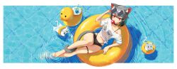 1girl absurdres adjusting_eyewear animal_ear_fluff arm_rest bikini black_bikini black_choker black_hair border cat_girl cat_tail chewing_gum choker cup drinking_glass eyewear_on_head from_above hair_ornament hairclip highres innertube knees_up letterboxed looking_at_viewer lying maro_(neneko_mashiro) medium_hair midriff navel neneko_mashiro o-ring o-ring_thigh_strap on_innertube partially_submerged pool red_eyes round_eyewear rubber_duck see-through_clothes see-through_shirt shirt sidelocks skindentation soaking_feet sseonyu stellive sunglasses swim_ring swimming swimsuit tail tail_around_own_leg thigh_strap virtual_youtuber water wet wet_clothes wet_shirt white_border
