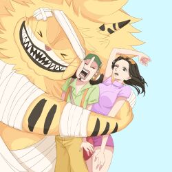 &gt;_&lt; 02mikan 1girl 2boys animal_ears bandaged_arm bandaged_head bandages black_hair blue_background breast_press cat_boy cat_ears closed_eyes curly_hair earmuffs eyewear_on_head facial_hair goatee hat highres hug long_hair long_nose multiple_boys nekomamushi nico_robin nico_robin_(zou) one_eye_closed one_piece open_mouth purple_shirt sharp_teeth shirt short_sleeves simple_background smile sunglasses teeth usopp v-shaped_eyebrows whiskers