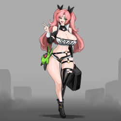 1girl absurdres asymmetrical_legwear belt black_boots black_ribbon boots breasts cleavage crop_top green_eyes hair_ornament hair_ribbon hairclip highres jewelry large_breasts long_hair looking_at_viewer midriff mole mole_on_breast mole_under_eye navel nicole_demara open_clothes open_mouth open_shorts pink_hair platinum1945 ribbon shorts smile solo suitcase thighhighs two_side_up v zenless_zone_zero