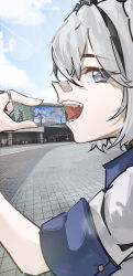 1girl absurdres alternate_costume annotated bandaid bandaid_on_face bandaid_on_nose black_eyes blue_sky camellya_(wuthering_waves) commentary day english_commentary grey_hair hand_up highres jacket looking_at_viewer official_art_inset open_mouth outdoors pinching_gesture profile red_pupils ryeon_(naturesan) screenshot_background short_hair sideways_glance sky solo teeth upper_body white_jacket wuthering_waves