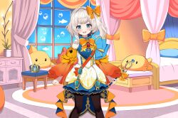 Rule 34 | 1girl, absurdres, air bubble, bed, blue eyes, blush, bow, bubble, carpet, commission, crown, cupboard, curtains, dress, hair bow, hair ribbon, highres, indoors, jewelry, kiniro tofu, knee up, knees up, looking at viewer, marimari (vtuber), nose, open mouth, phase connect, ribbon, short hair, skirt, smile, solo, standing, stuffed toy, thighhighs, thighs, virtual youtuber, water, window