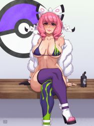 1girl absurdres asymmetrical_legwear bad_id bad_twitter_id bikini bikini_top_only blush bottle bottomless breasts collarbone crossed_legs dildo_reveal female_masturbation fur_jacket gloves highres jacket jewelry klara_(pokemon) large_breasts lipstick looking_at_viewer makeup masturbation mismatched_legwear nintendo pink_hair pink_lips pokemon pokemon_swsh purple_eyes purple_thighhighs ring rizdraws single_glove sitting skindentation solo swimsuit thighhighs white_jacket