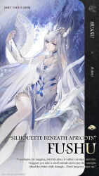 1girl arm_up bare_shoulders blue_eyes braid braided_bun breasts bridal_gauntlets bright_pupils character_name cleavage closed_mouth collar commentary copyright_name copyright_notice dragon_girl dress duet_night_abyss english_commentary english_text eyeliner flower folding_fan fushu_(duet_night_abyss) hair_bun hair_flower hair_ornament hand_fan highres holding holding_fan horns large_breasts long_horns looking_at_viewer makeup official_art pelvic_curtain red_eyeliner side_slit sidelocks sitting small_horns solo thighhighs white_bridal_gauntlets white_collar white_dress white_horns white_pupils white_sleeves white_tail white_thighhighs yokozuwari