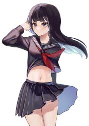 1girl absurdres arm_up black_hair black_serafuku black_skirt commentary_request envy_cat_walk_(vocaloid) grey_eyes hatsune_miku hatsune_miku_(chat_noir) highres long_hair looking_at_viewer midriff navel neckerchief nemari_(user_wtca7244) official_alternate_hair_color painterly pleated_skirt project_diva_(series) red_neckerchief school_uniform serafuku simple_background skirt solo standing vocaloid white_background
