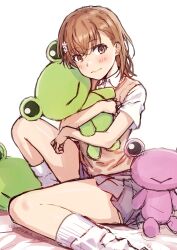 1girl asymmetrical_bangs blush brown_eyes brown_hair brown_sweater_vest closed_mouth collared_shirt commentary_request gekota grey_skirt hair_ornament hairpin happy_birthday highres holding holding_stuffed_toy hugging_doll hugging_object isshi_pyuma knee_up looking_at_viewer loose_socks medium_hair miniskirt misaka_mikoto pleated_skirt school_uniform shirt short_sleeves simple_background skirt smile socks solo stuffed_animal stuffed_frog stuffed_toy summer_uniform sweater_vest toaru_kagaku_no_railgun toaru_majutsu_no_index tokiwadai_school_uniform twitter_username white_background white_shirt white_socks