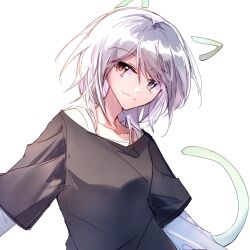 1girl bang_dream! bang_dream!_it&#039;s_mygo!!!!! black_shirt blue_eyes closed_mouth commentary heterochromia hibioes kaname_raana looking_at_viewer medium_hair raana_the_cat shirt simple_background solo white_background white_hair yellow_eyes
