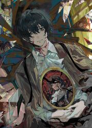 2boys absurdres ascot bags_under_eyes baihuahua5441 black_eyes black_hair blood blood_from_mouth blood_on_clothes blood_on_face blood_on_neck broken_mirror brown_coat brown_hair bug butterfly bygone_days_(e.g.o) chain clenched_teeth closed_eyes coat coat_on_shoulders collared_shirt commentary crying dark_skin e.g.o_(project_moon) english_commentary eyepatch flower glass_shards green_jacket heathcliff_(project_moon) highres holding holding_mirror injury insect jacket limbus_company lobotomy_corporation_(identity)_(project_moon) long_hair long_sleeves looking_at_viewer mirror multiple_boys partially_shaded_face project_moon ring_(identity)_(project_moon) scar scar_on_face seven_association_south_uniform shirt short_hair smile solemn_lament_(e.g.o) spicebush_(e.g.o) sunshower_(e.g.o) technology_liberation_alliance_(identity)_(project_moon) teeth torn_clothes upper_body white_ascot white_shirt yellow_flower yi_sang_(project_moon)