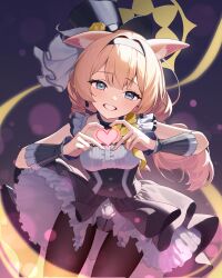 1girl absurdres animal_ear_fluff animal_ears black_headband black_overskirt black_pantyhose blue_archive choker dress flower flower_hat fluffy_hair frilled_choker frills grey_dress grey_feathers halo hat hat_flower headband heart heart_hands highres idol idol_clothes looking_at_viewer mari_(blue_archive) mari_(idol)_(blue_archive) mini_hat mini_top_hat ojisan_kamo_shiremasen orange_hair panties panties_under_pantyhose pantyhose pantyshot rose smile solo top_hat underwear wrist_wrap yellow_flower yellow_halo yellow_rose