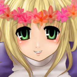 1girl 2000s_(style) blonde_hair blush close-up commentary_request dress feliciel flower green_eyes head_wreath juliet_sleeves long_hair long_sleeves looking_at_viewer lowres orange_flower priest_(ragnarok_online) puffy_sleeves purple_dress ragnarok_online red_flower solo upper_body