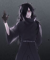 1boy arm_behind_back belt black_hair black_robe cowboy_shot facial_mark gloves greyscale highres long_hair male_focus messy_hair monochrome naruto_(series) parted_lips qjqjqjql red_eyes robe simple_background solo uchiha_madara white_background