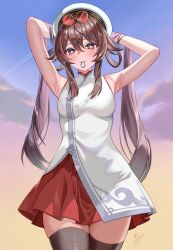 1girl armpits arms_behind_head bare_shoulders black_thighhighs blush breasts brown_hair chinami_(chinamin_02) closed_mouth commentary_request dress eyewear_on_head flower-shaped_pupils genshin_impact hair_between_eyes hair_tie_in_mouth hat highres hu_tao_(cherries_snow-laden)_(genshin_impact) hu_tao_(genshin_impact) long_hair medium_breasts mouth_hold official_alternate_costume red-tinted_eyewear red_eyes round_eyewear signature sleeveless sleeveless_dress solo symbol-shaped_pupils thighhighs tinted_eyewear twintails tying_hair very_long_hair white_dress white_hat yellow-framed_eyewear zettai_ryouiki