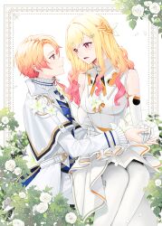 1boy 1girl 2_(tsvf3235) :d bare_shoulders blonde_hair blue_vest braid breasts brother_and_sister collared_dress commentary curly_hair curtained_hair dress elbow_gloves eye_contact face-to-face falling_petals feet_out_of_frame flower gloves gold_buttons gradient_hair hair_between_eyes hair_ornament hetero holding_hands incest inset_border jacket leaf long_hair long_sleeves looking_at_another male_focus medium_breasts medium_dress multicolored_hair official_alternate_costume official_alternate_hairstyle open_mouth orange_eyes orange_hair pantyhose petals pink_eyes pink_hair profile project_sekai rose scramble_fan_festa!_(project_sekai) short_hair siblings sidelocks simple_background sitting sitting_on_lap sitting_on_person sleeveless sleeveless_dress smile swept_bangs symbol-only_commentary tenma_saki tenma_tsukasa tongue two-tone_hair vest white_background white_dress white_flower white_gloves white_jacket white_pantyhose white_petals white_rose