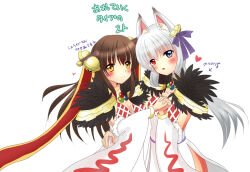 2girls animal_ears argyle_clothes argyle_dress bell blue_eyes blush bow breasts brown_hair chiyunko_(rna-14-fei) closed_mouth commentary_request cowboy_shot detached_sleeves dress fox_ears fox_girl fur_collar hair_bow hair_ornament hair_stick heart heterochromia holding_hands jingle_bell long_hair looking_at_viewer multiple_girls open_mouth purple_bow ragnarok_online red_eyes simple_background sleeveless sleeveless_dress small_breasts smile sorcerer_(ragnarok_online) translation_request white_background white_dress white_hair white_sleeves yellow_eyes
