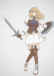 Rule 34 | 1girl, bad id, bad pixiv id, blonde hair, bow, bowtie, breasts, full body, gloves, hair ornament, holding, holding weapon, long sleeves, looking at viewer, medium breasts, namco, open mouth, pyrrha alexandra, shield, shoes, short hair, skirt, solo, soul calibur, soulcalibur, soulcalibur v, standing, sword, thighhighs, weapon, yagi2013, zettai ryouiki