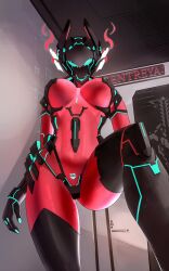 1girl black_boots black_gloves bodysuit boots breasts crotch_plate cyborg gloves helmet highres jamesloves_art looking_down red_bodysuit solo solo_focus tight_clothes virtual_youtuber vshojo zentreya zentreya_(cyborg) zentreya_(cyborg)_(1st_costume)