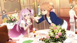 Rule 34 | 2girls, bead necklace, beads, blue eyes, blue jacket, breasts, cake, chair, cleavage, cup, dress, drink, drinking glass, eating, flower, food, fork, game cg, hair ornament, high heels, holding, holding fork, indoors, jacket, jewelry, long hair, looking at another, looking at viewer, medium breasts, multiple girls, necklace, official art, one side up, open clothes, open jacket, open mouth, orange hair, people, pink dress, pink hair, plate, purple footwear, purple nails, shidou maki (toji no miko), shirt, table, toji no miko, toji no miko: kizamishi issen no tomoshibi, tsubakuro yume, white shirt