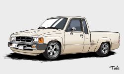 artist_name from_side goodyear grey_background highres k.tofu motor_vehicle no_humans original pickup_truck shadow toyota toyota_hilux truck vehicle_focus