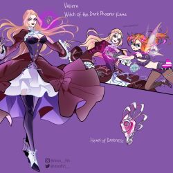 Rule 34 | 2girls, adapted costume, ahoge, alternate costume, anklet, aqua eyes, arm ribbon, ascot, bad id, bad twitter id, battle, belt, belt bag, belt buckle, black belt, black boots, black gloves, black thighhighs, blonde hair, bloom (winx club), boots, bow, breasts, buckle, buttons, character name, chocofish, cleavage, cleavage cutout, clenched teeth, clothing cutout, collared dress, commentary, crop top, dark bloom (winx club), determined, diamond button, dress, dress bow, english commentary, english text, evil smile, eyelashes, eyeshadow, fairy, fairy wings, fighting, fire, fishnet gloves, fishnets, floating clothes, floating hair, frilled sleeves, frills, genderswap, genderswap (mtf), glitter, gloves, gold tiara, grey pantyhose, heart-shaped bag, high heels, highres, holding, holding another&#039;s wrist, instagram username, jewelry, juliet sleeves, large breasts, lipstick, long hair, long sleeves, looking ahead, magical girl, makeup, medium dress, microskirt, mini tiara, mole, mole under eye, multicolored boots, multiple girls, multiple views, open mouth, orange hair, outstretched arms, pantyhose, pink bag, pink fire, puffy sleeves, purple background, purple dress, purple eyeshadow, purple gloves, purple lips, purple ribbon, purple shirt, purple shoes, purple skirt, red bow, red dress, reference sheet, ribbon, see-through clothes, see-through gloves, shirt, shoes, short sleeves, simple background, skirt, skirt set, smile, spider web print, spikes, teeth, thighhighs, transparent wings, twitter username, two-sided dress, two-sided fabric, two-tone boots, two-tone dress, valtor (winx club), very long hair, waist ribbon, watermark, white ascot, white boots, white wings, wings, winx club